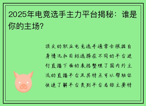 2025年电竞选手主力平台揭秘：谁是你的主场？